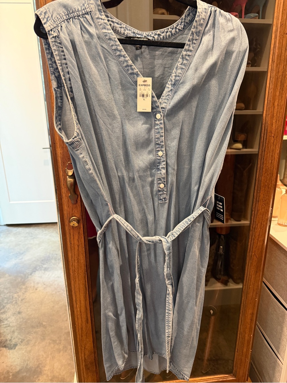 Express Light Blue chambray Denim Sleeveless Shirt Dress with Waist Tie
